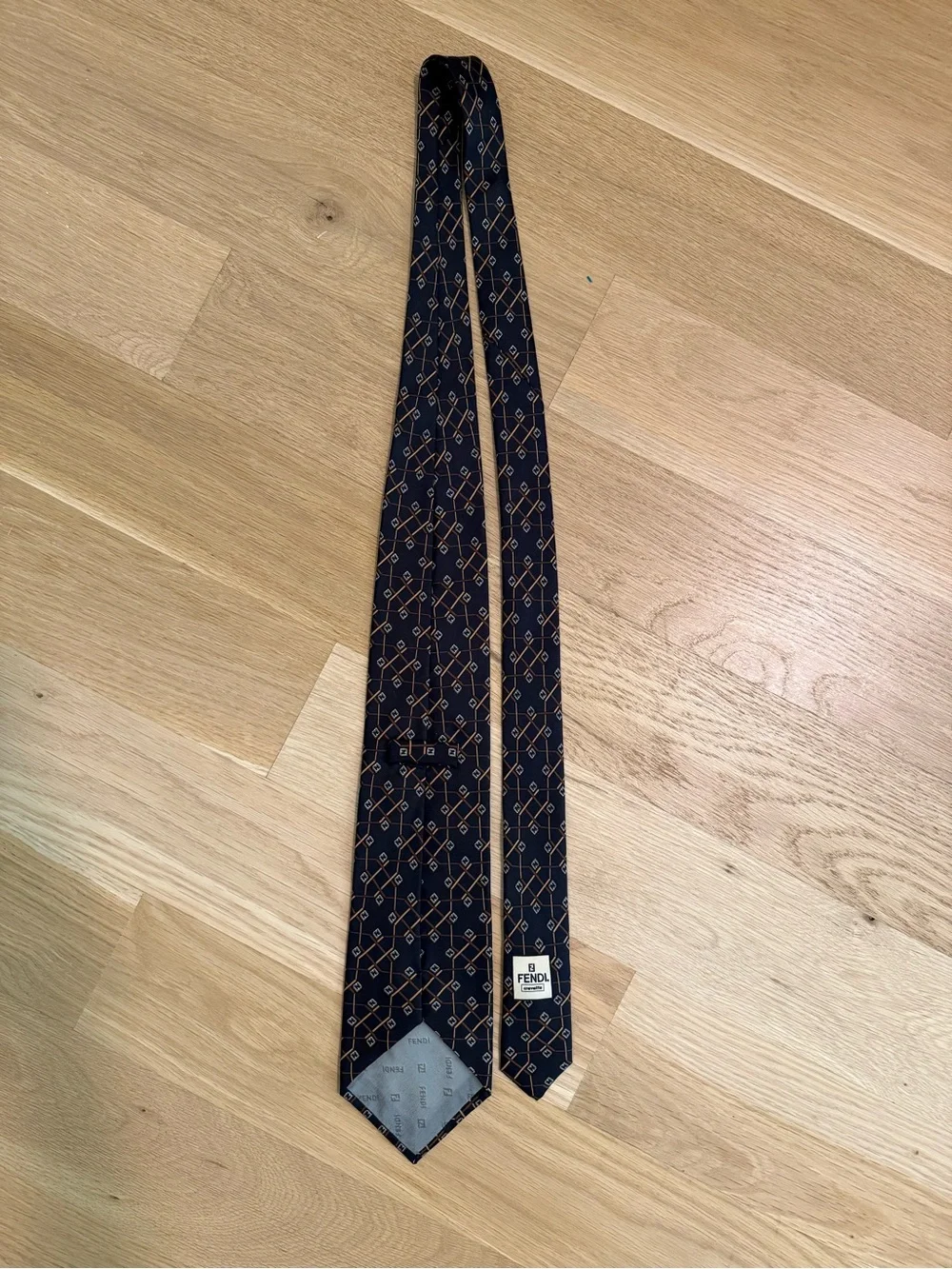 Vintage Fendi FF Logo Silk Tie Black Brown Geometric Made in Italy Preppy